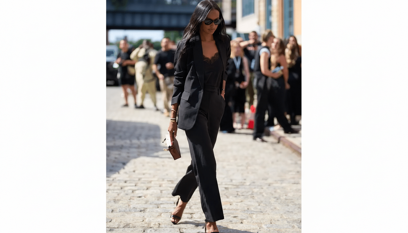 A woman in a black suit and sunglasses walks on a cobblestone street, holding a small purse.