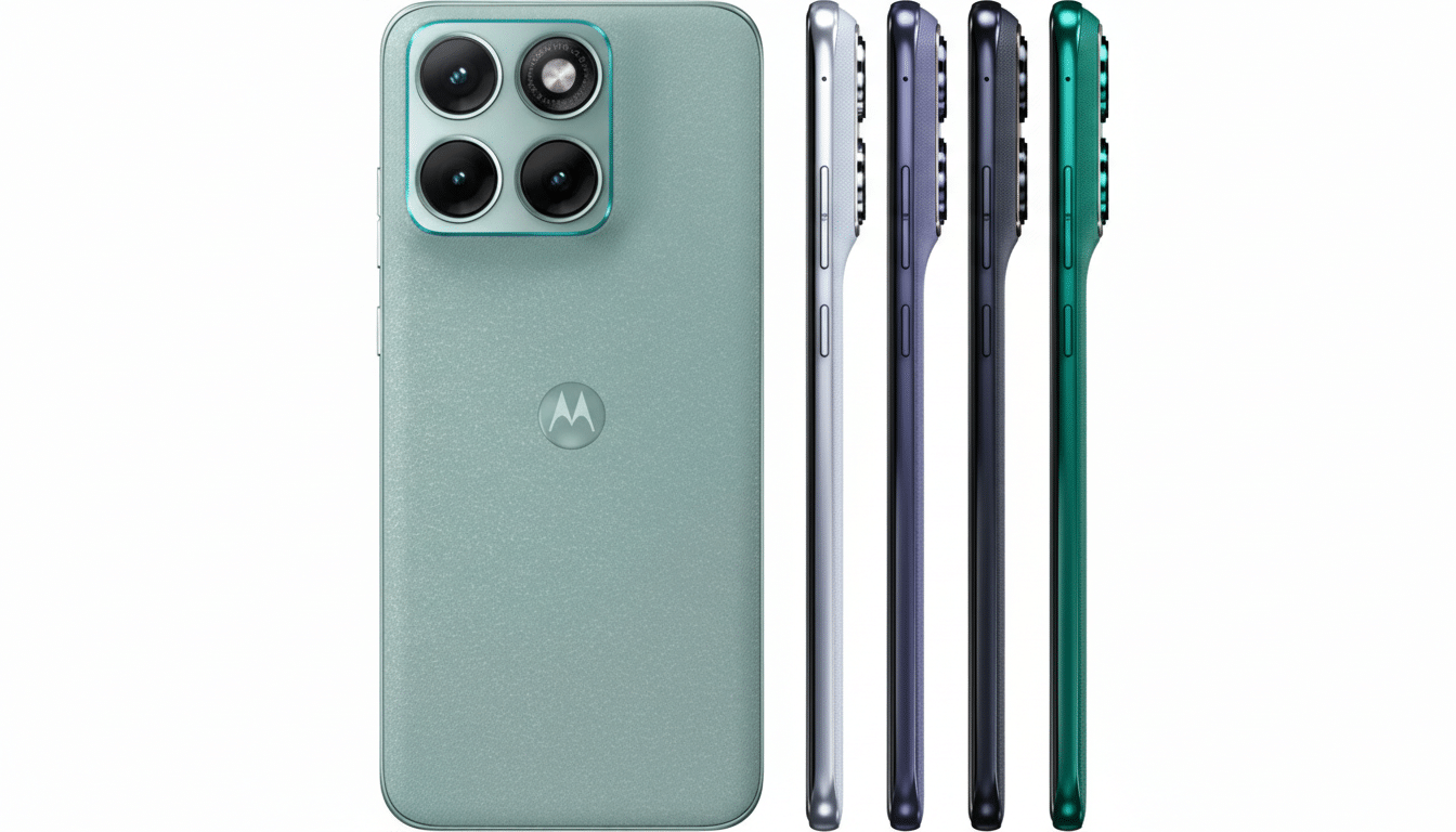 A professional image of four Motorola smartphones in different colors (light green, silver, purple, black, and dark green) displayed against a clean white background. The phones are shown from the back and side, highlighting their camera modules and slim profiles.