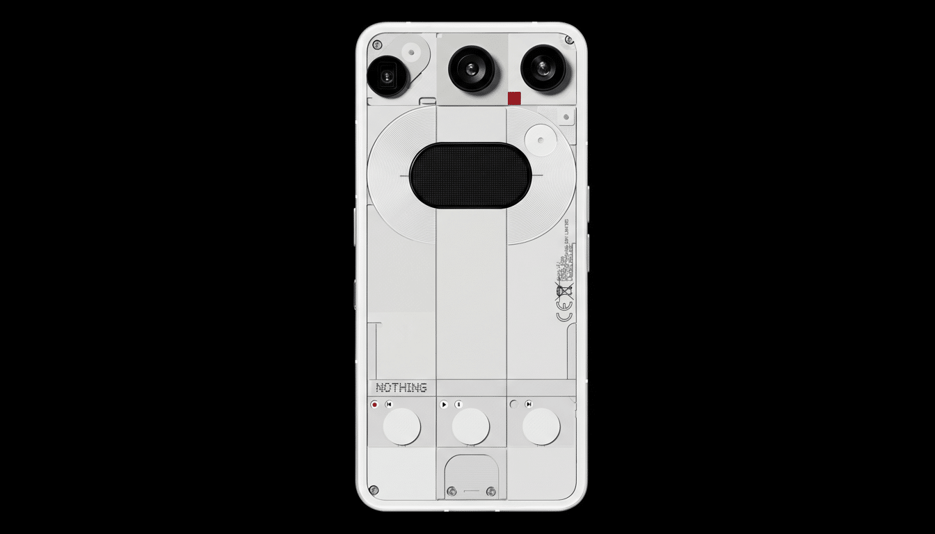 A white Nothing Phone (2) with a transparent back, showcasing its internal components, is centered against a black background.