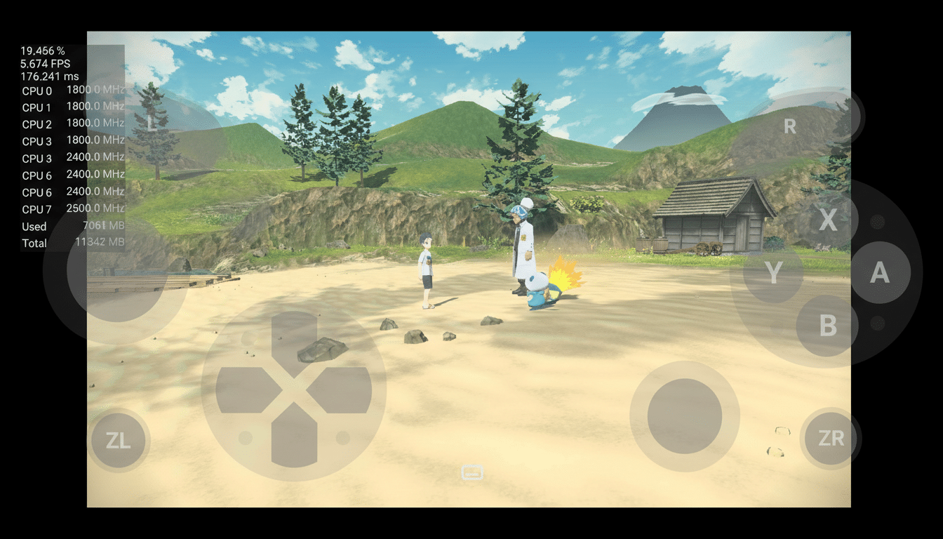 A video game screenshot showing a character and a Pokémon on a sandy beach with mountains and trees in the background, resized to a 16:9 aspect ratio.