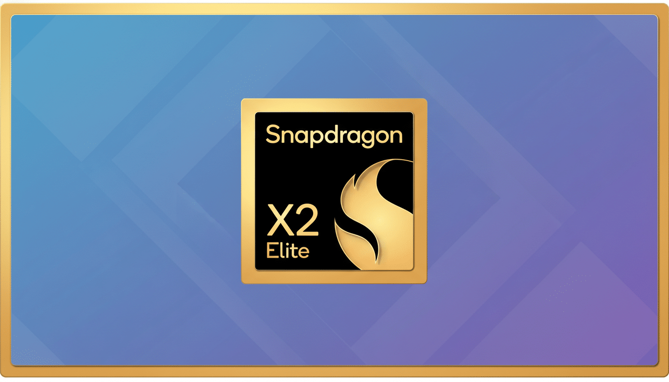 The Snapdragon X2 Elite logo, featuring a gold border and text on a black background, is centered on a professional 16:9 aspect ratio background with soft blue and purple gradients and subtle geometric patterns.