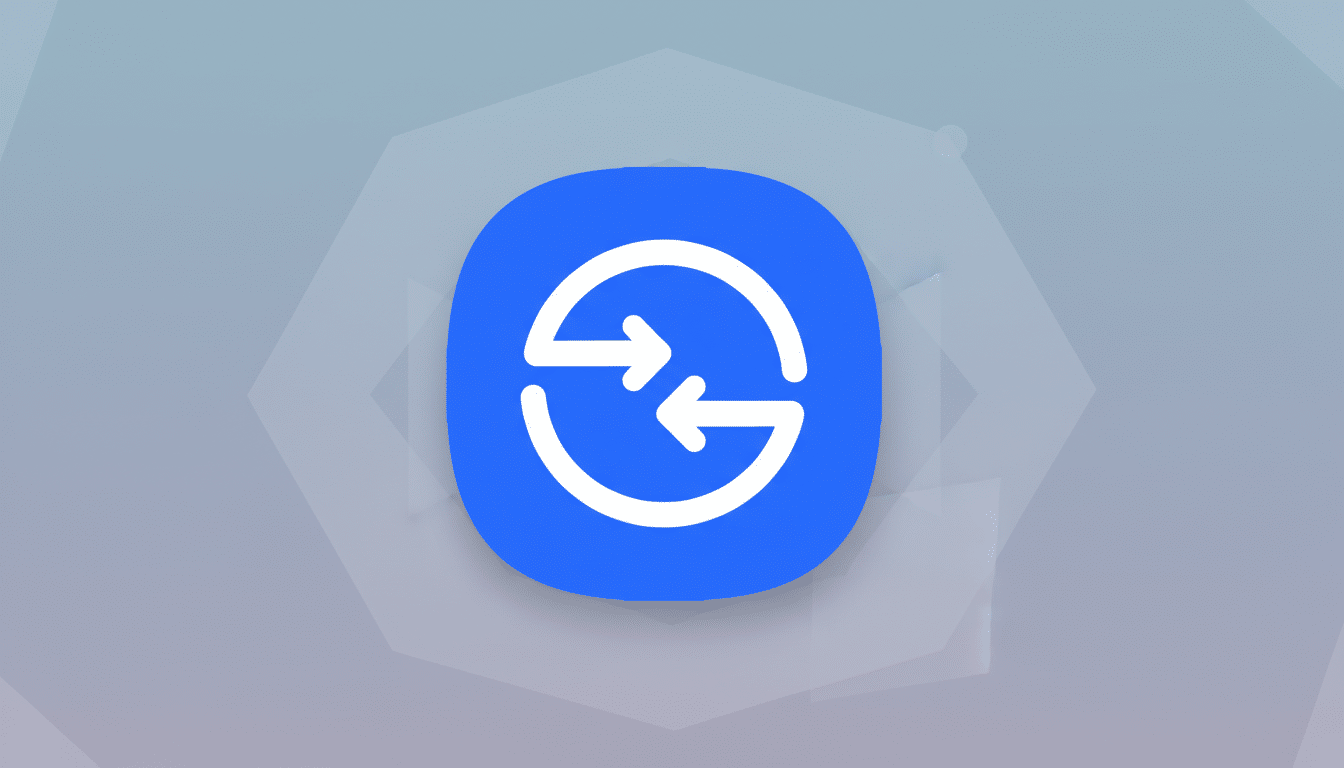 A blue app icon with a white circular arrow symbol, indicating refresh or exchange, set against a professional flat design background with soft gray gradients and subtle geometric patterns.