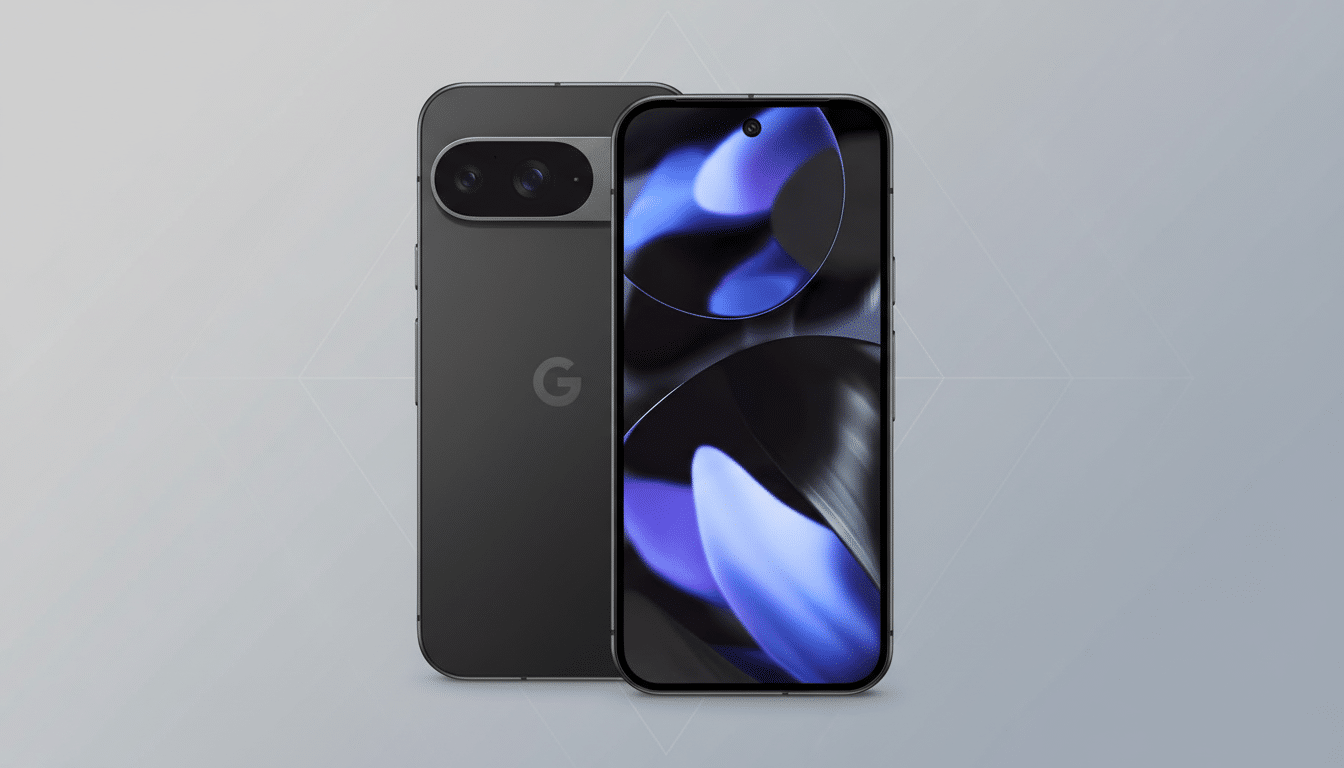 A dark gray smartphone with a Google logo on the back, and another dark gray smartphone with a purple and black abstract wallpaper on the screen, both presented on a light gray background with subtle geometric patterns.