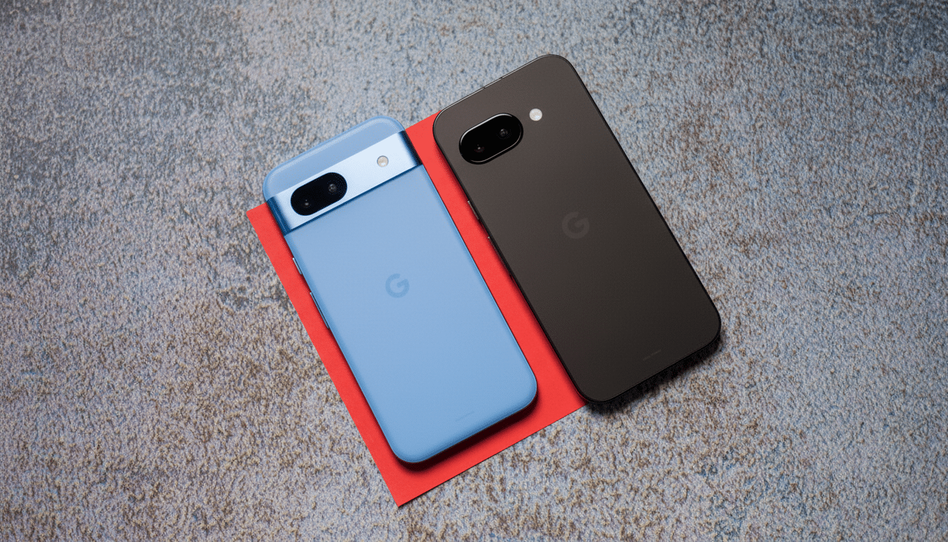 Two Google Pixel phones, one light blue and one black, are displayed on a textured gray surface with a red paper underneath.