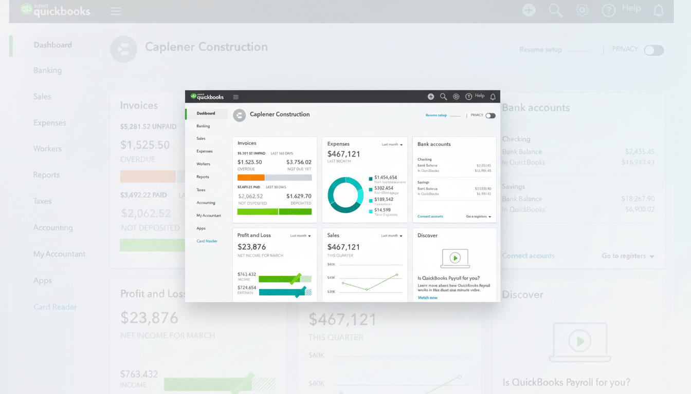 A professional, enhanced image of the QuickBooks dashboard, resized to a 16:9 aspect ratio. The dashboard displays financial information including invoices, expenses, bank accounts, profit and loss, and sales data. The background is a soft, professional flat design with subtle patterns, ensuring the main QuickBooks interface remains the central focus.