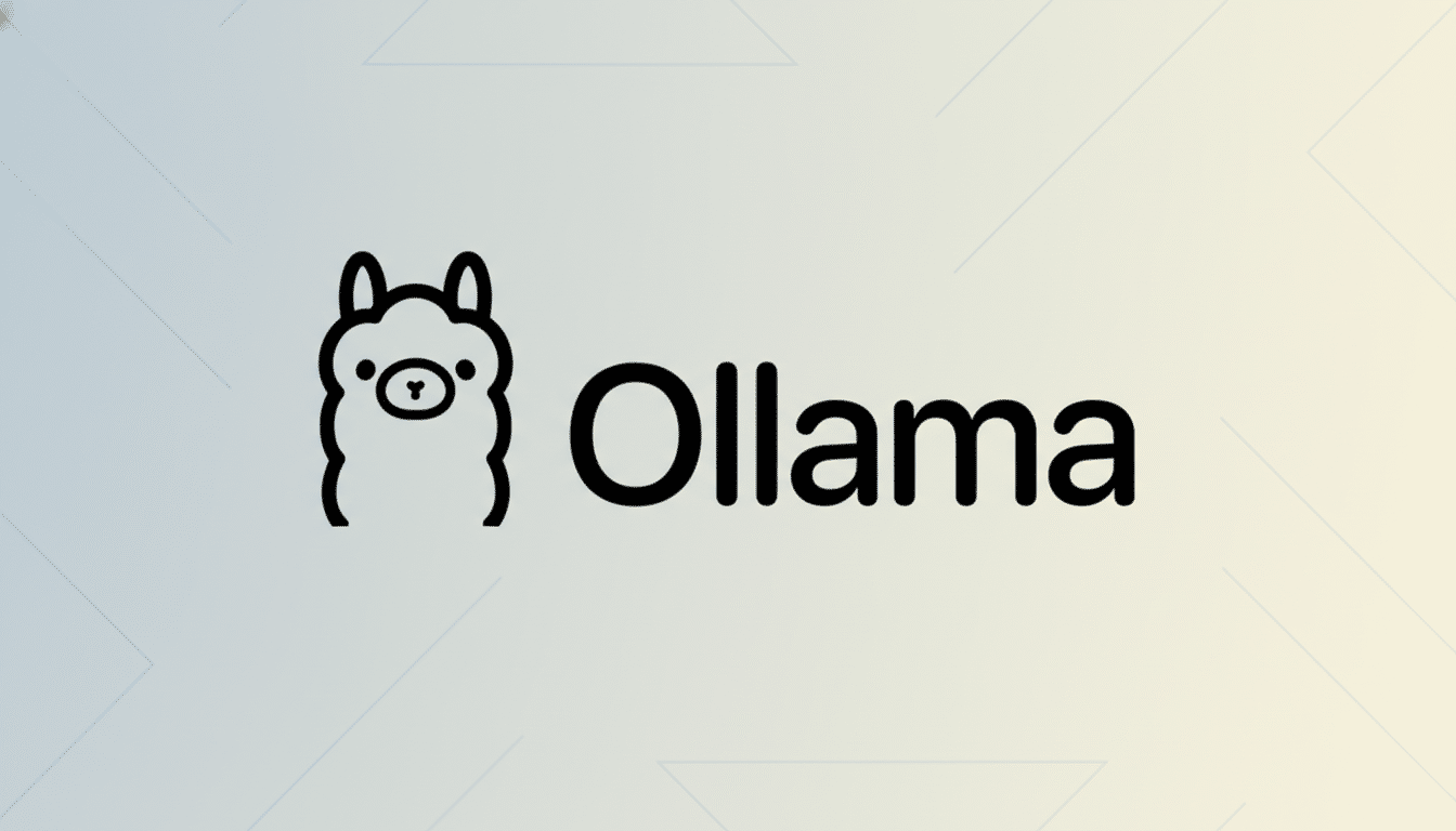 The Ollama logo, featuring a stylized black outline of a llamas head next to the word Ollama in black text, presented on a professional 16:9 aspect ratio background with a subtle light gray and blue gradient and soft geometric patterns.