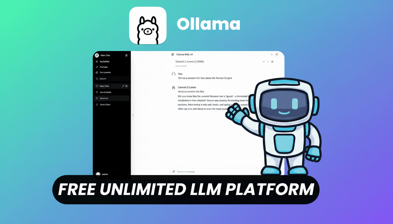 A 16:9 aspect ratio image of the Ollama Web UI with a friendly robot character, and the text FREE UNLIMITED LLM PLATFORM at the bottom.