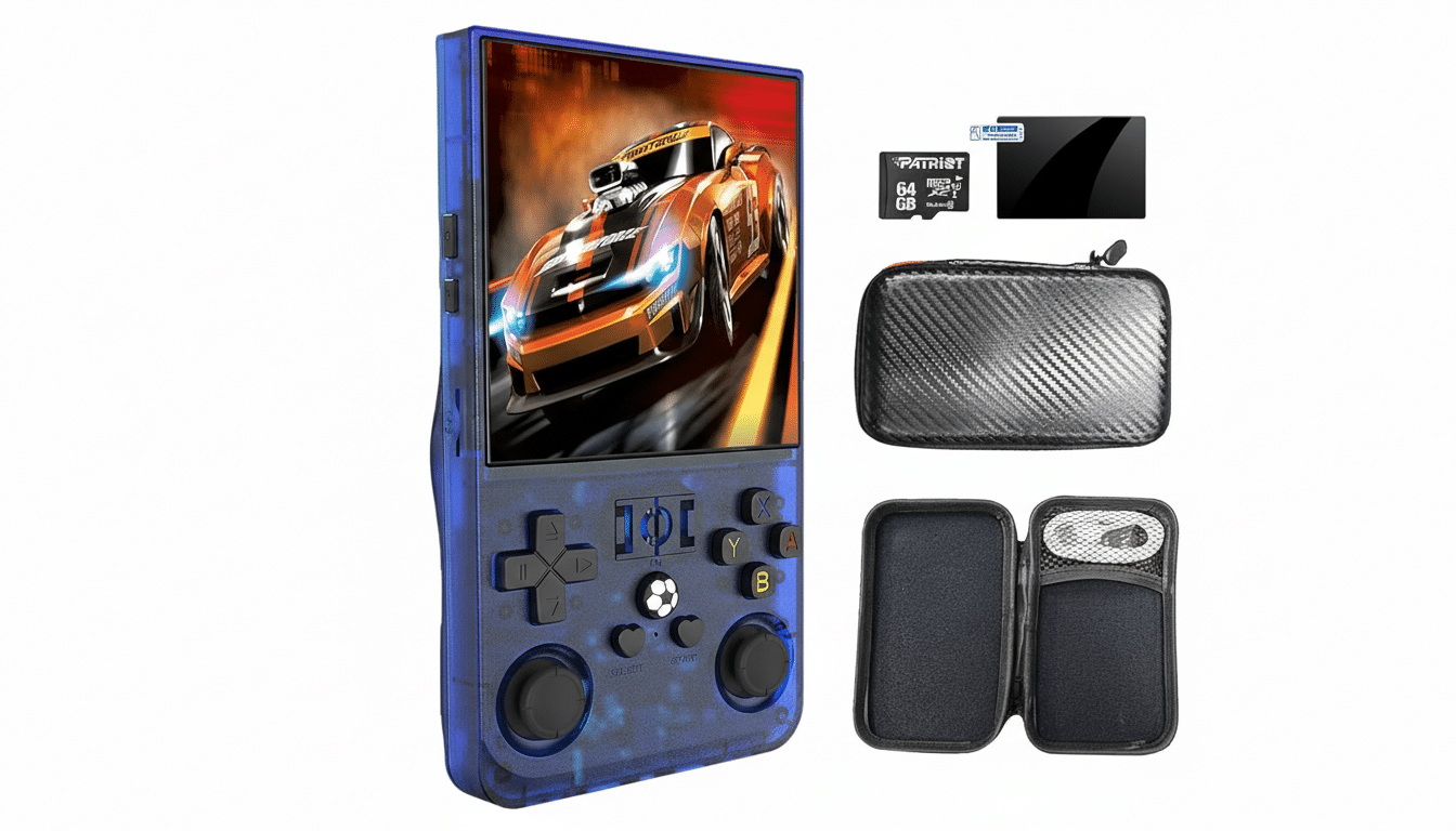 A blue transparent handheld gaming device displaying a racing game, accompanied by a 64GB SD card, a screen protector, a carbon fiber textured carrying case, and an open black carrying case with a charging cable.