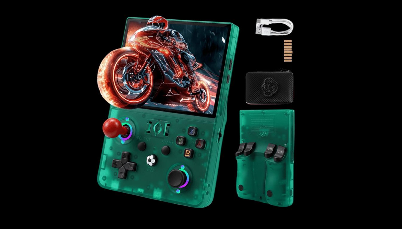 A green transparent handheld gaming device with a motorcycle racing game displayed on its screen, accompanied by accessories including a USB cable, memory card, and a carrying case, all presented on a black background.