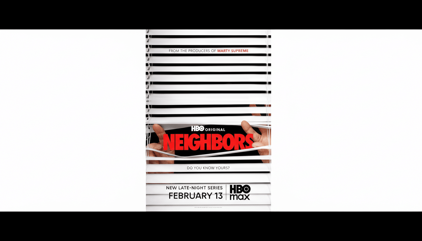 A movie poster for Neighbors is centered on a white background, with black bars on the top and bottom to fit a 16:9 aspect ratio. The poster shows two hands pulling open white horizontal blinds, revealing the red word NEIGHBORS with HBO ORIGINAL above it. Below the blinds, it reads DO YOU KNOW YOURS? and at the bottom, NEW LATE-NIGHT SERIES FEBRUARY 13 HBO max.