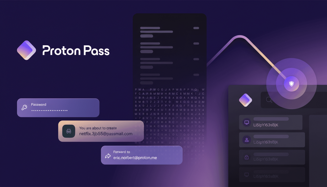 A 16:9 aspect ratio image of the Proton Pass interface, featuring a password input field, a notification about creating a Netflix account, and a Forward to email address. The background is a professional flat design with soft patterns and gradients, maintaining the original Proton Pass logo and app elements.
