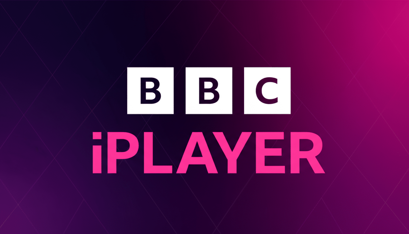 The BBC iPlayer logo, featuring BBC in white squares above iPLAYER in pink, set against a professional dark purple and pink gradient background with subtle geometric patterns.