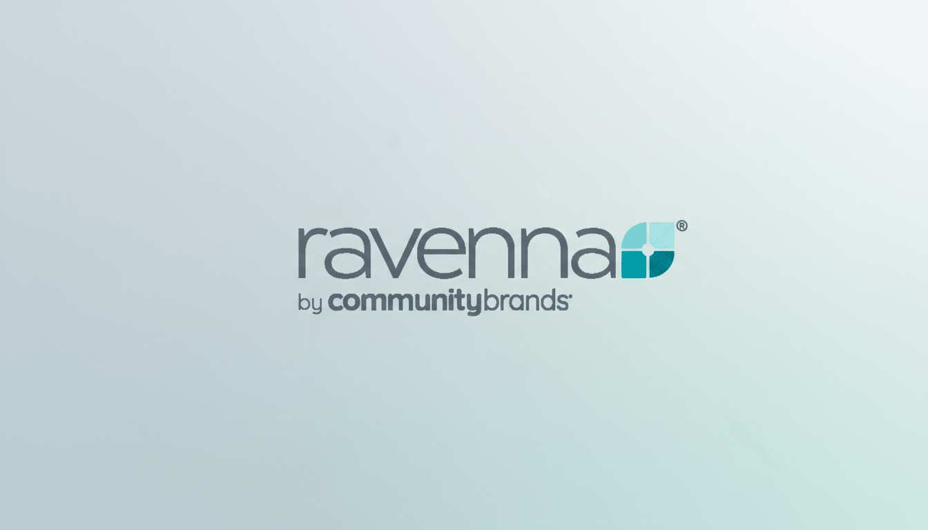 The Ravenna by Community Brands logo is displayed on a light blue and white gradient background. The logo features the word ravenna in dark gray lowercase letters, with a stylized a that incorporates a square icon divided into four sections of varying shades of blue and teal. Below ravenna, the words by communitybrands are in a slightly lighter gray, also in lowercase.
