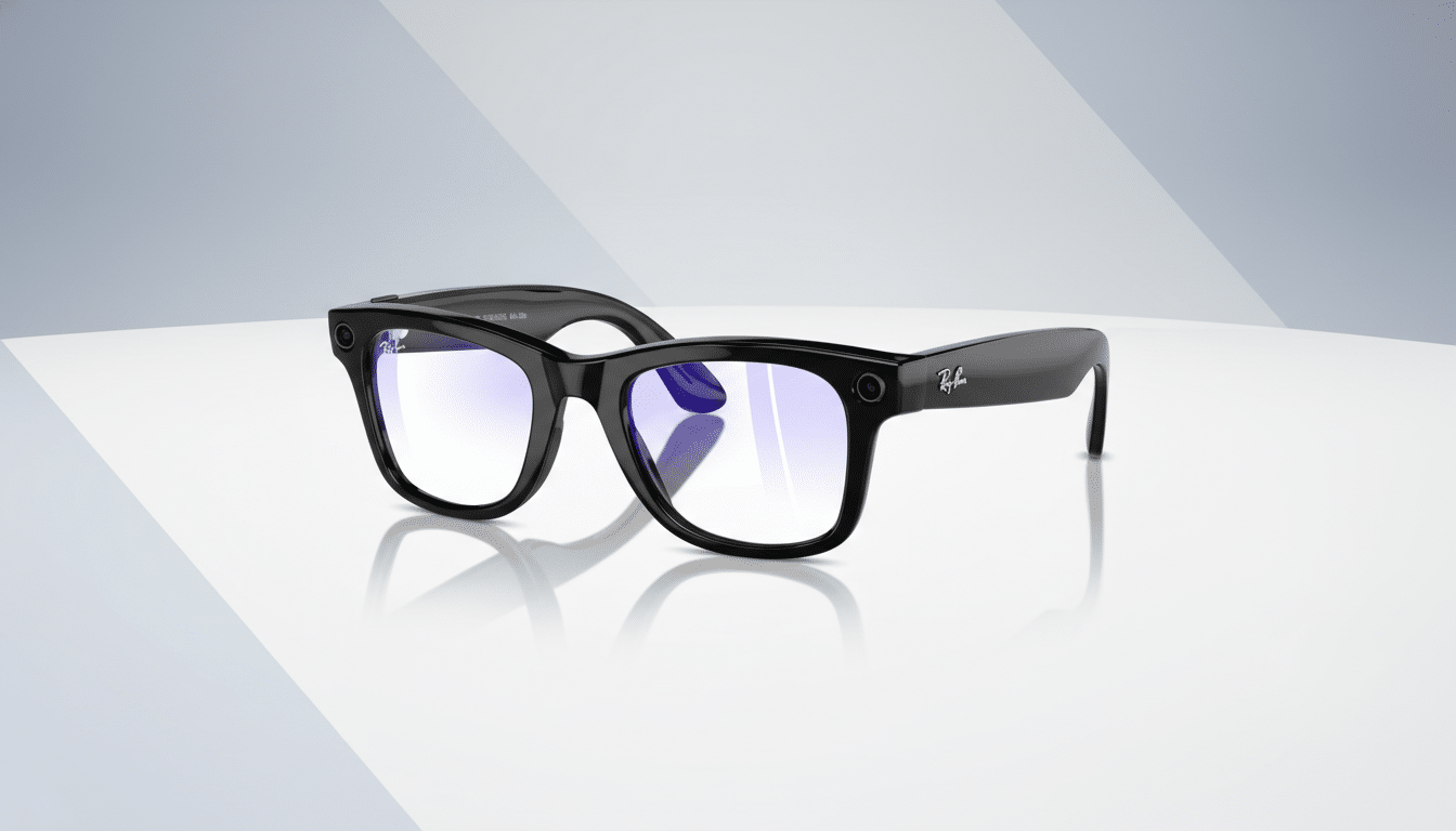 A pair of black Ray-Ban smart glasses with blue light filtering lenses, presented on a clean, professional background with soft gray and white gradients.
