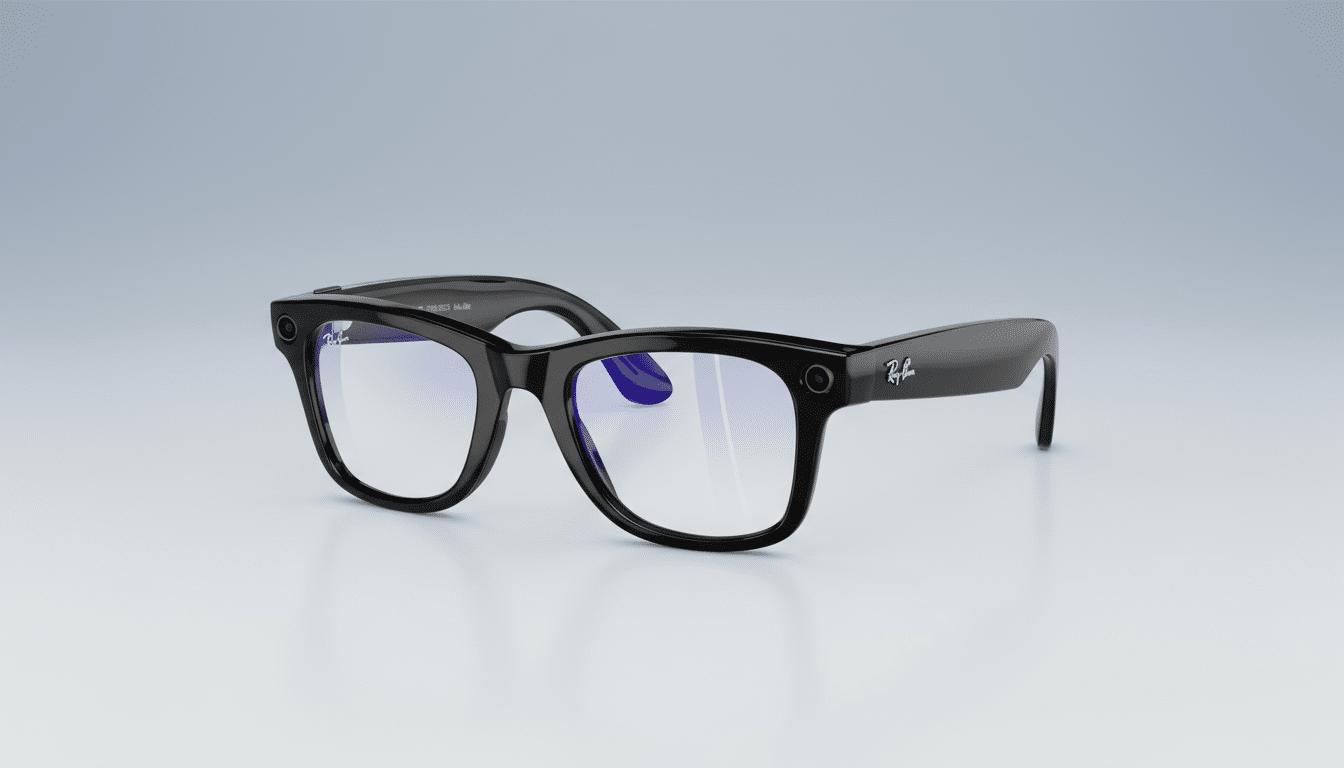 A pair of black Ray-Ban smart glasses with blue light filtering lenses, presented on a professional flat design background with a soft gradient.