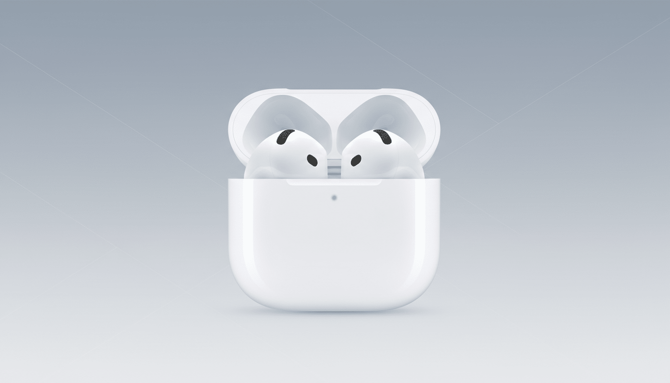 A pair of white Apple AirPods in their open charging case, presented on a professional flat design background with soft gray gradients and subtle geometric patterns.