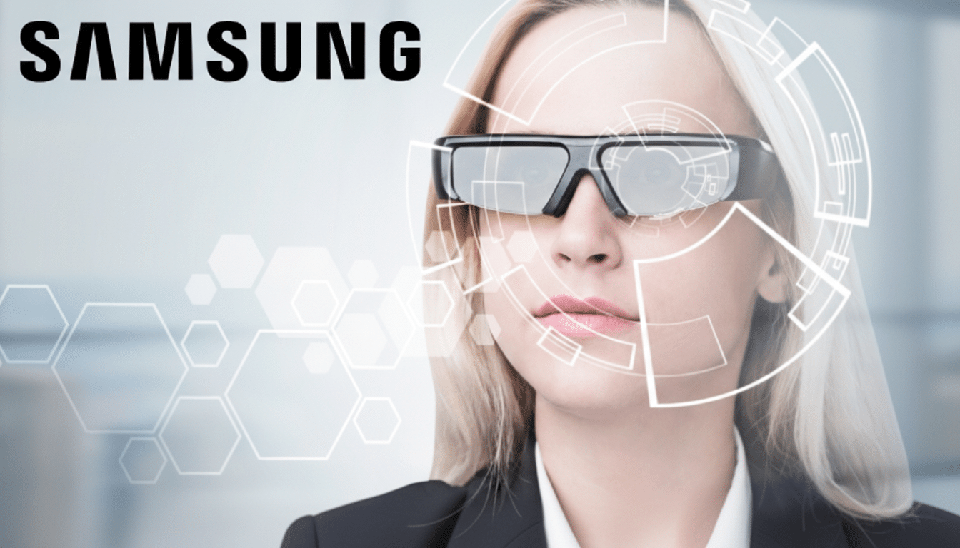 A woman wearing smart glasses with the Samsung logo in the top left corner, resized to a 16:9 aspect ratio.