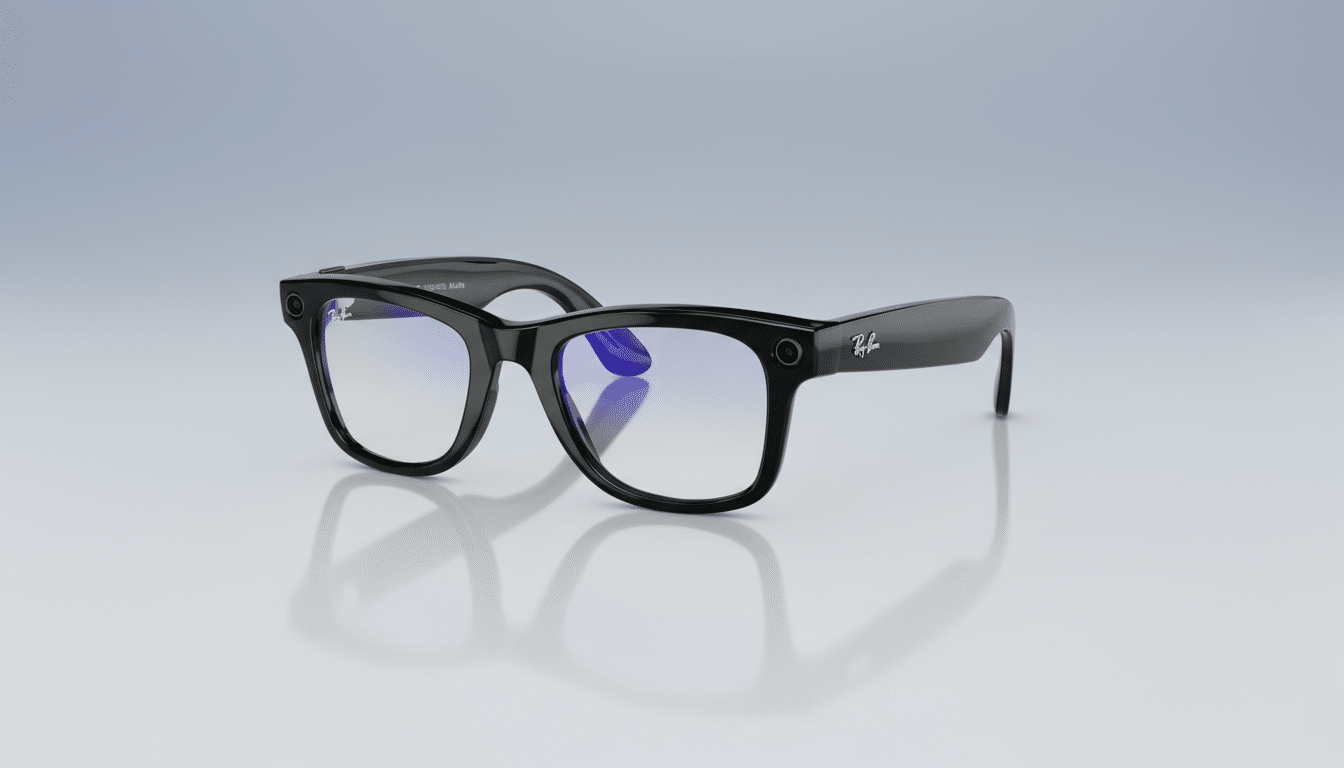 A pair of black Ray-Ban smart glasses with blue light filtering lenses, presented on a professional flat design background with a soft gradient.