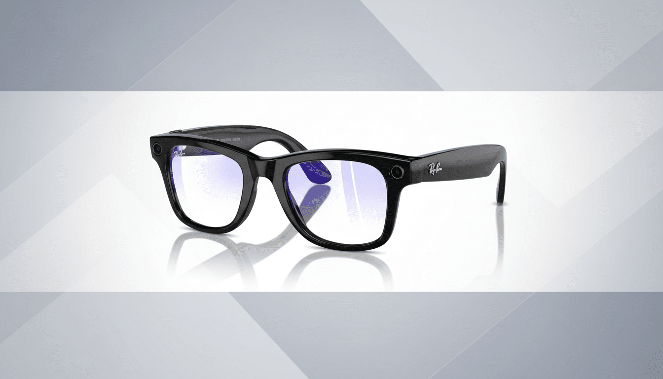 A pair of black Ray-Ban smart glasses with blue light filtering lenses, presented on a white surface with a subtle reflection, against a professional flat design background with soft gray patterns and gradients.