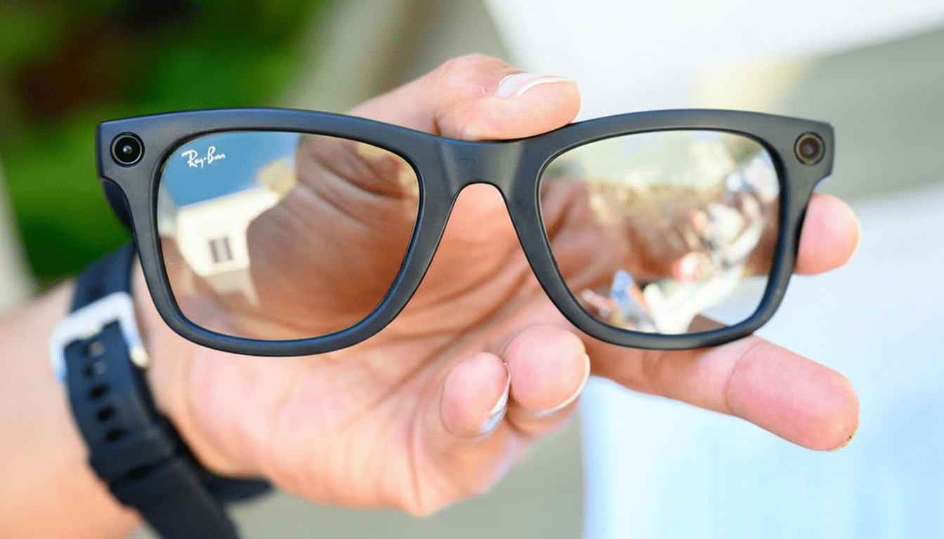 A hand holding a pair of black Ray-Ban smart glasses, with reflections visible in the lenses.