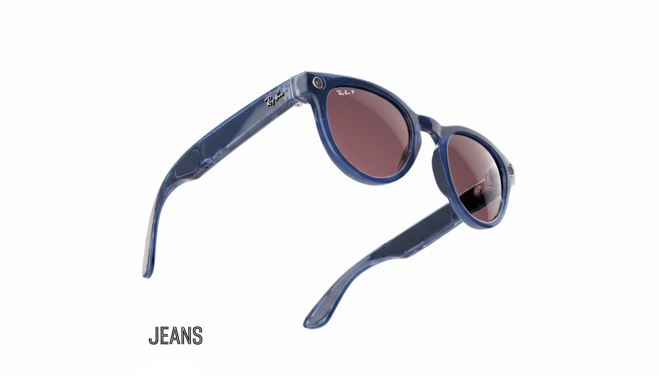 A pair of blue Ray-Ban smart glasses with dark lenses, floating against a clean white background. The word JEANS is visible in black text at the bottom left.