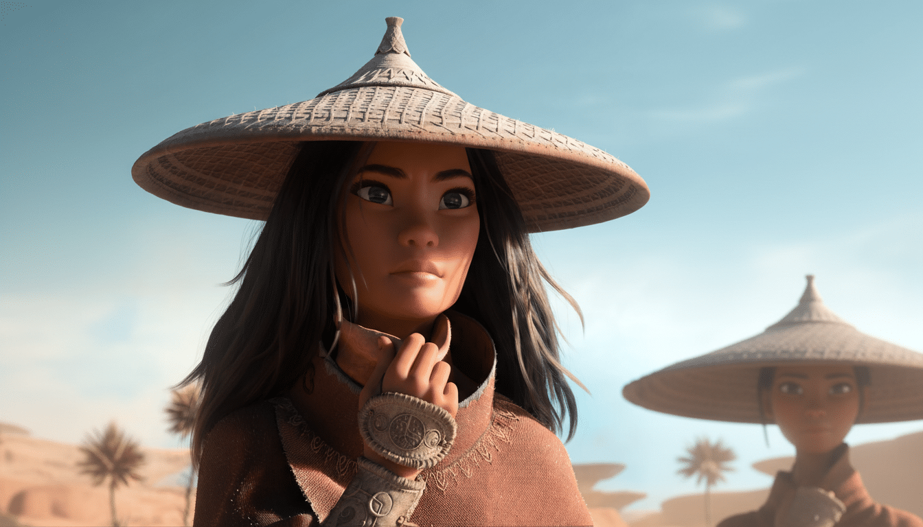 A 16:9 aspect ratio image of a young woman with long dark hair wearing a conical straw hat and a reddish-brown cloak, looking slightly to the right. In the background, another person in a similar hat is visible, with a desert landscape under a clear sky.