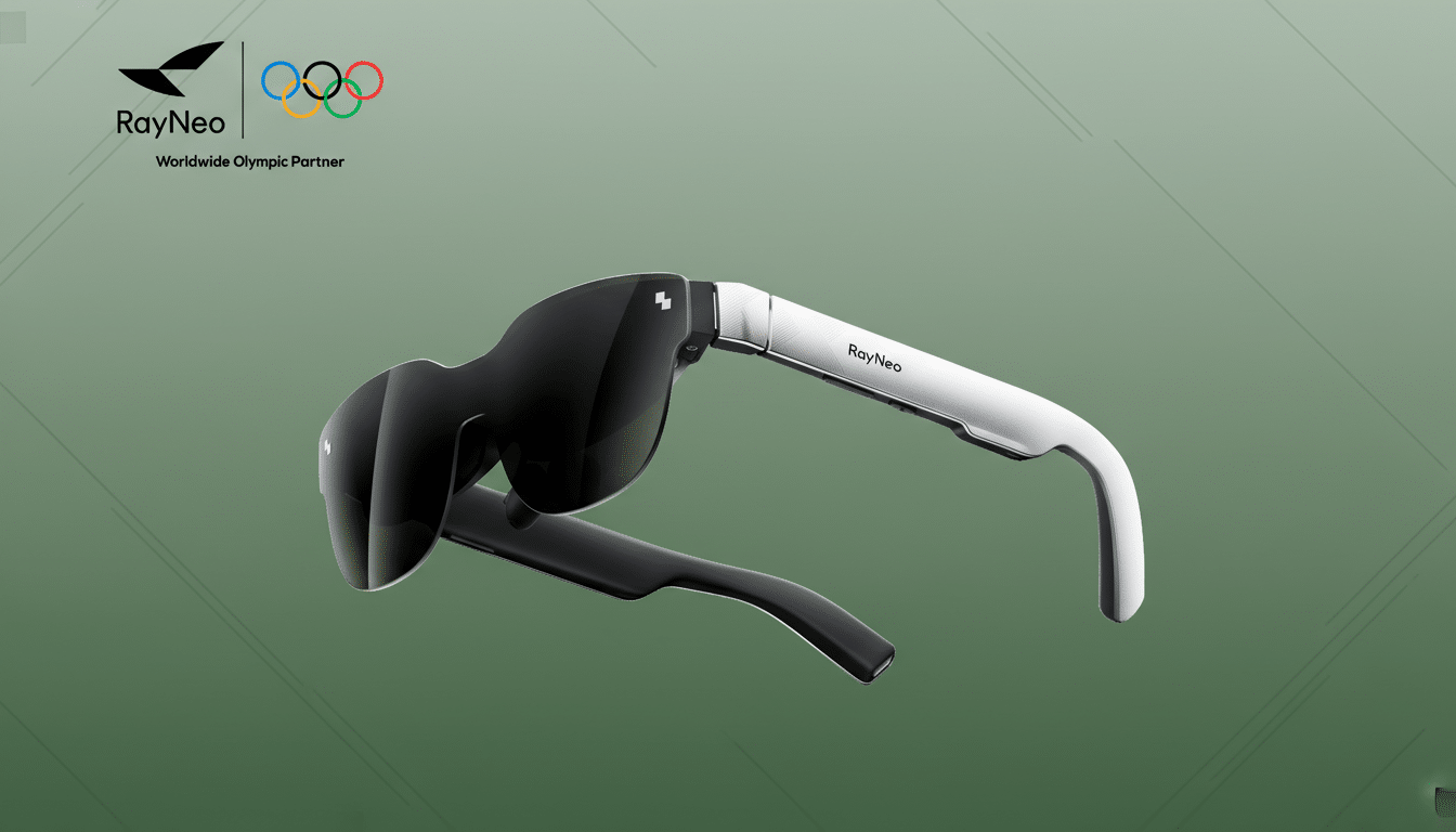 RayNeo smart glasses with a black front and white arms, displayed on a professional green gradient background with subtle geometric patterns. The RayNeo logo and Olympic rings are in the top left corner.