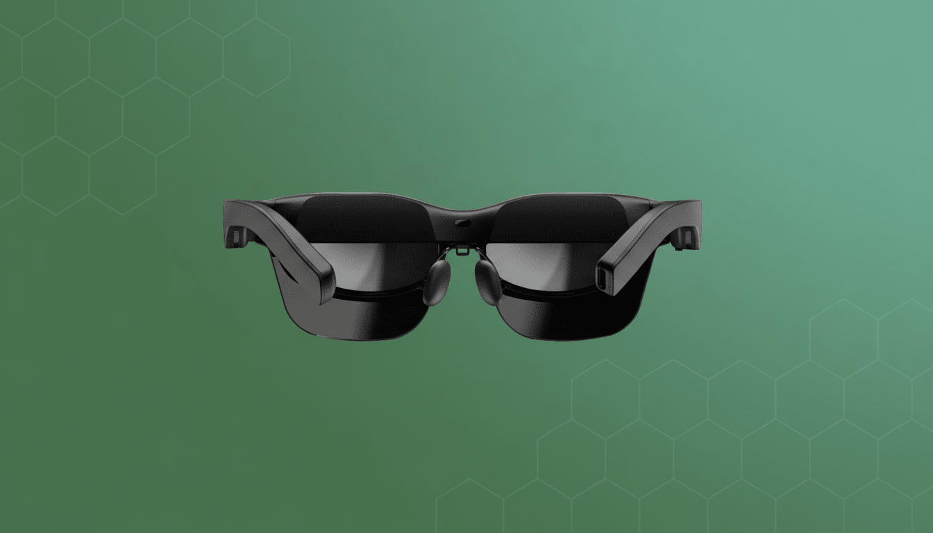 A pair of sleek black smart glasses with dark lenses, presented on a professional green background with subtle hexagonal patterns.