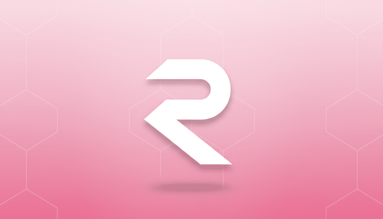 A white stylized letter R logo with a subtle shadow, centered on a professional 16:9 aspect ratio background with a soft pink gradient and faint hexagonal patterns.