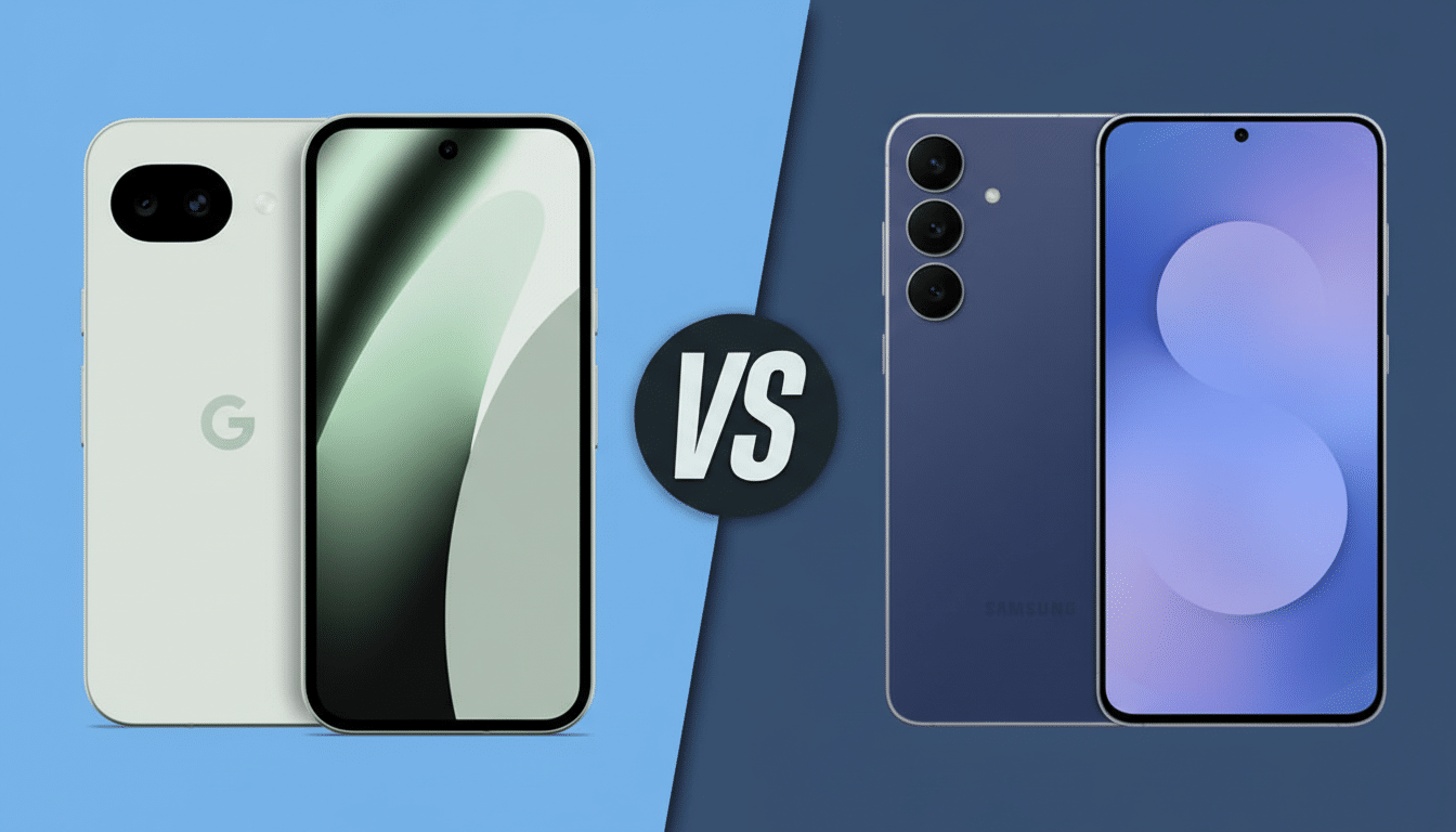 A comparison image of two smartphones, a light green Google Pixel phone on the left and a dark blue Samsung phone on the right, separated by a diagonal line with a VS icon in the middle.