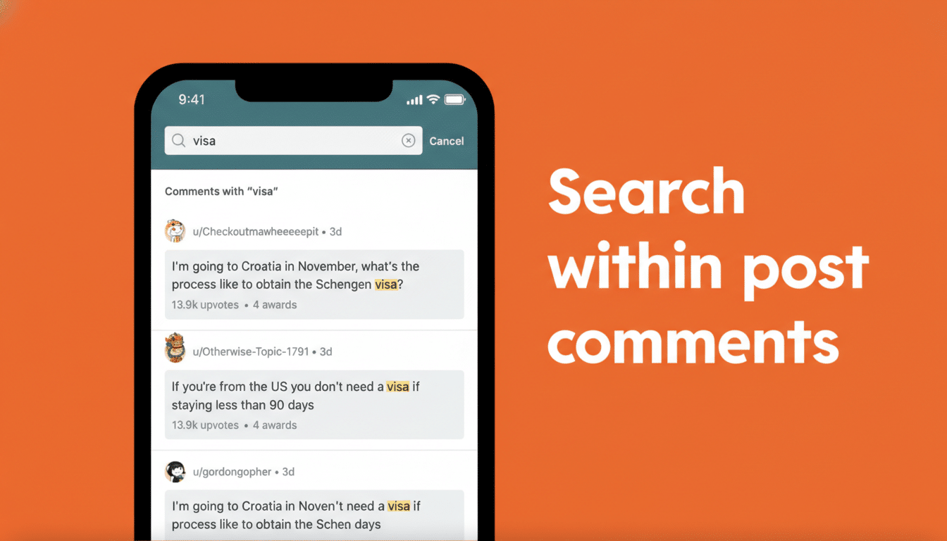 A smartphone displaying a Reddit-like interface with a search bar showing visa and search results for comments containing the word visa. The background is a solid orange with white text on the right side that reads Search within post comments.