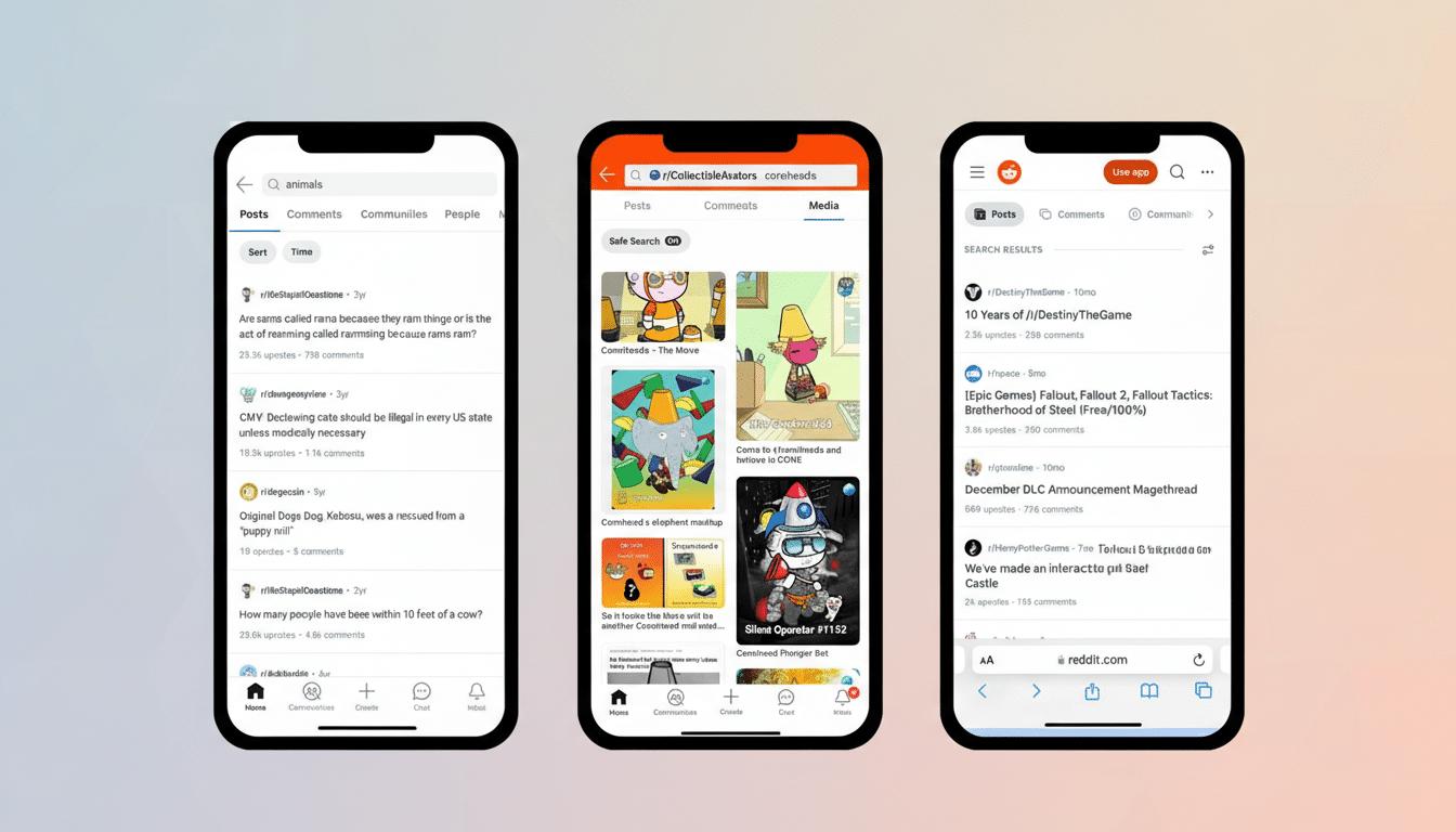 Three smartphones displaying Reddit app interfaces, with the central phone showing collectible avatars and the others showing search results and posts.