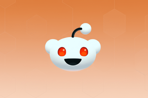 The Reddit logo, a white alien-like head with red eyes and a smile, centered on a professional flat design background with soft orange gradients and subtle hexagonal patterns.