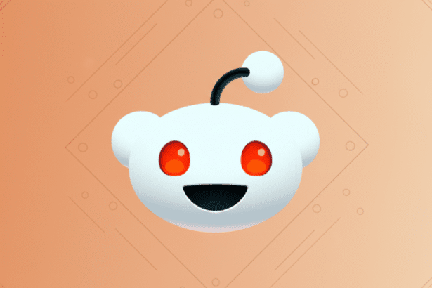 The Reddit Snoo logo, a white alien-like creature with red eyes and an antenna, centered on a professional 16:9 aspect ratio background with a soft orange gradient and subtle geometric patterns.
