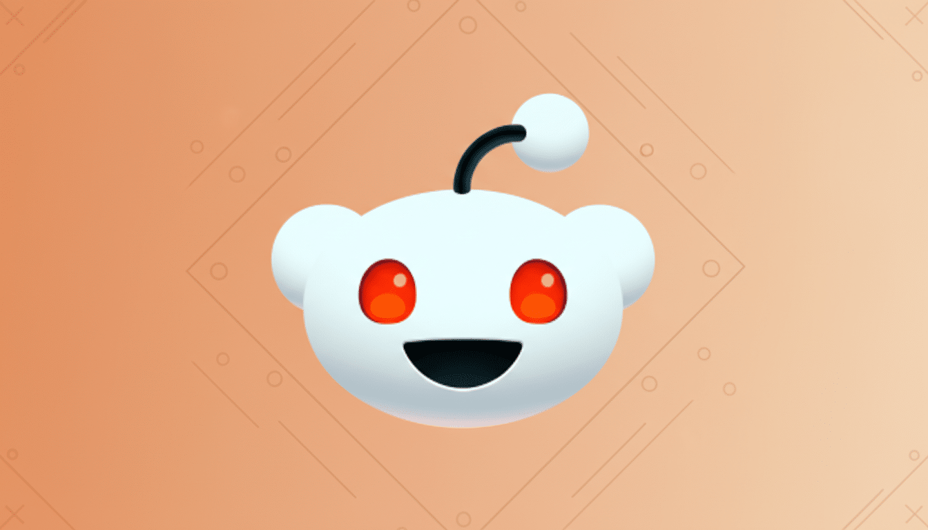 The Reddit Snoo logo, a white alien-like creature with red eyes and an antenna, centered on a professional 16:9 aspect ratio background with a soft orange gradient and subtle geometric patterns.