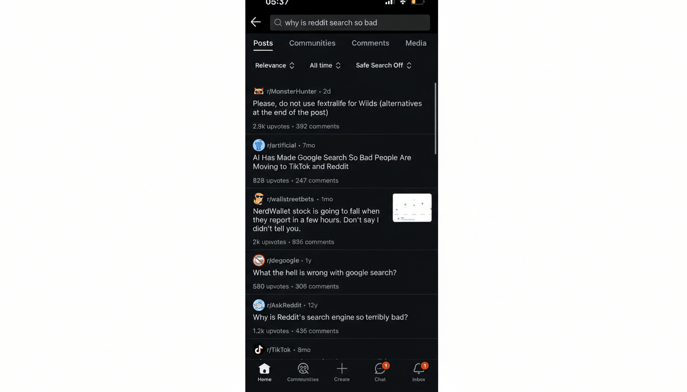 A screenshot of the Reddit app interface, resized to a 16:9 aspect ratio. The original content, including the search bar with why is reddit search so bad and various post listings, is preserved. The background has been extended with a plain dark gray to fit the new aspect ratio, maintaining a professional and clean presentation.