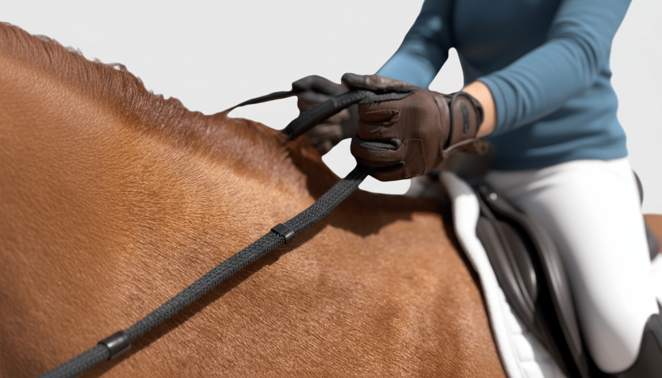 A close-up, 16:9 aspect ratio image of a person in riding attire, wearing brown gloves, holding reins while mounted on a brown horse.