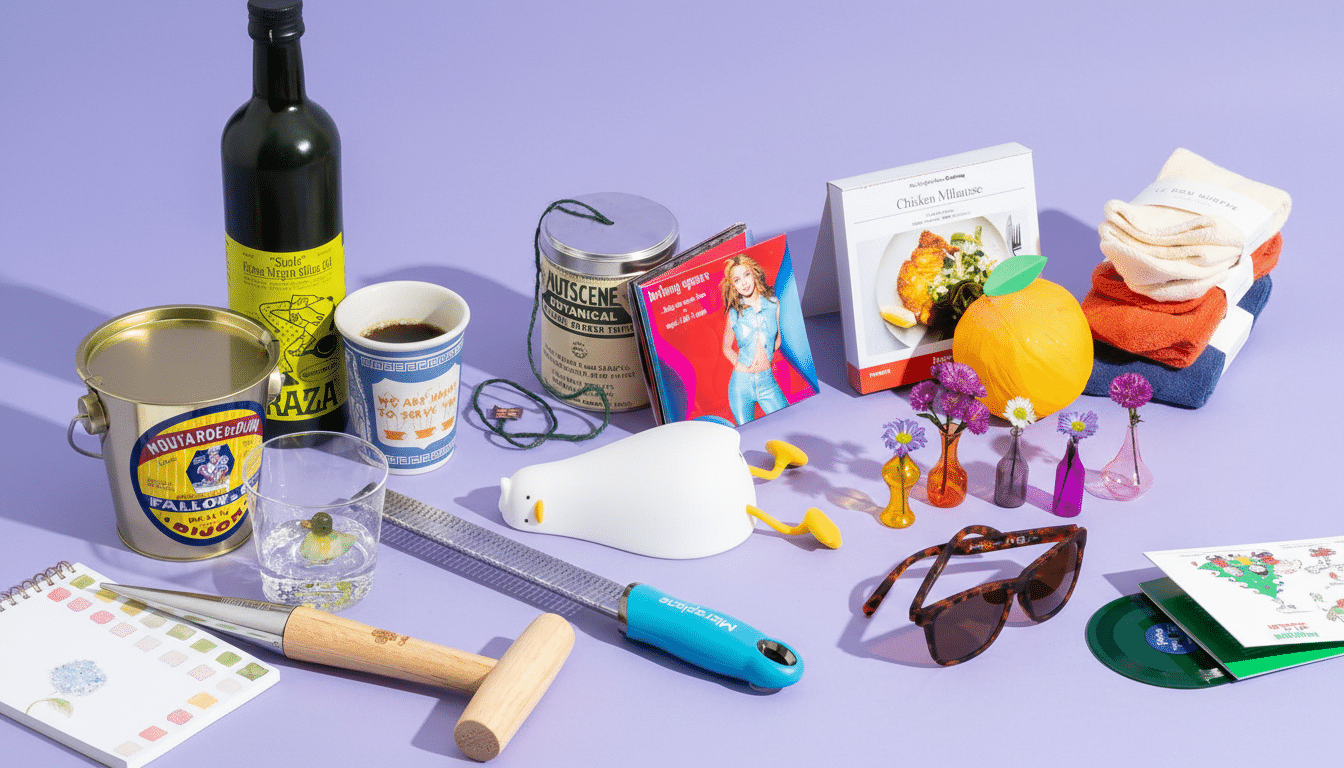 A collection of various household items, including olive oil, a mustard tin, a coffee cup, a botanical tin, a Britney Spears CD, a cookbook, a duck-shaped nightlight, a grater, sunglasses, small vases with flowers, and folded towels, all arranged on a purple background.