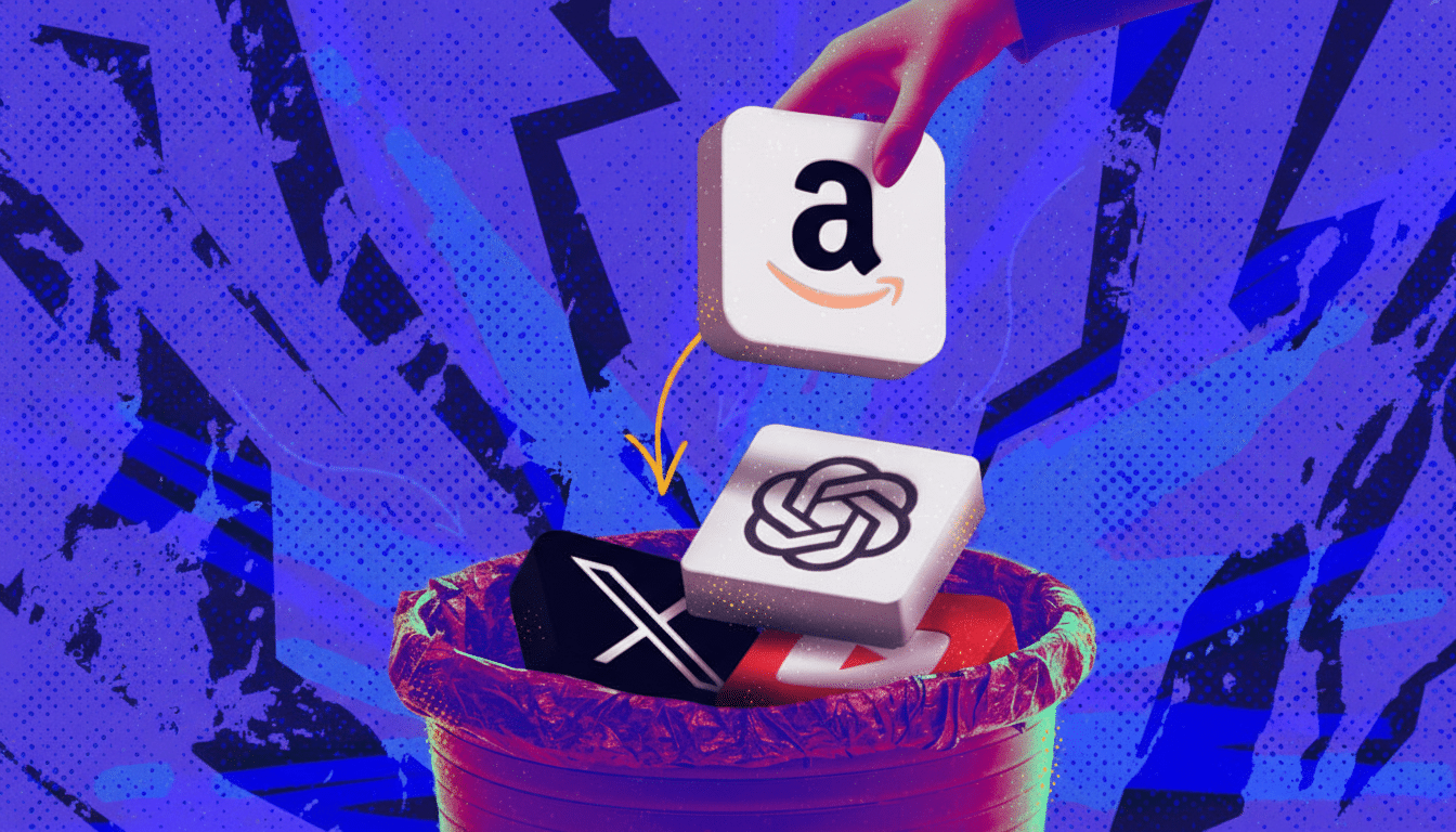 A hand dropping an Amazon logo block into a trash can filled with other tech logos, including OpenAIs ChatGPT logo, against a vibrant blue background.