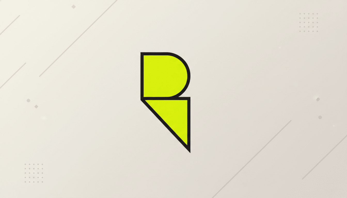 A professional 16:9 aspect ratio image featuring a stylized letter R logo in bright yellow with a black outline, centered on a light gray background with subtle geometric patterns.