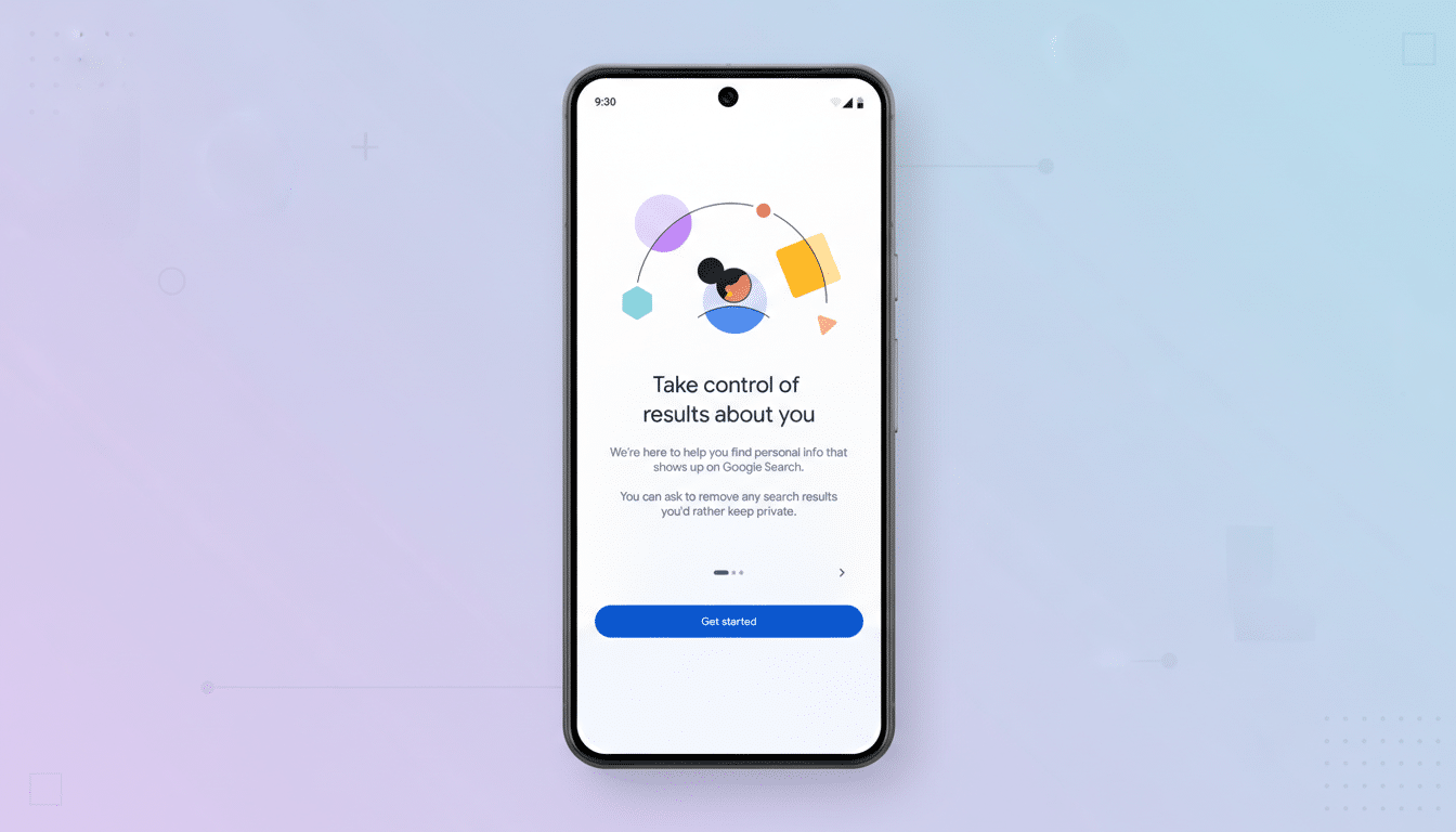 A smartphone displaying an app screen with the title Take control of results about you on a professional flat design background with soft patterns and gradients.