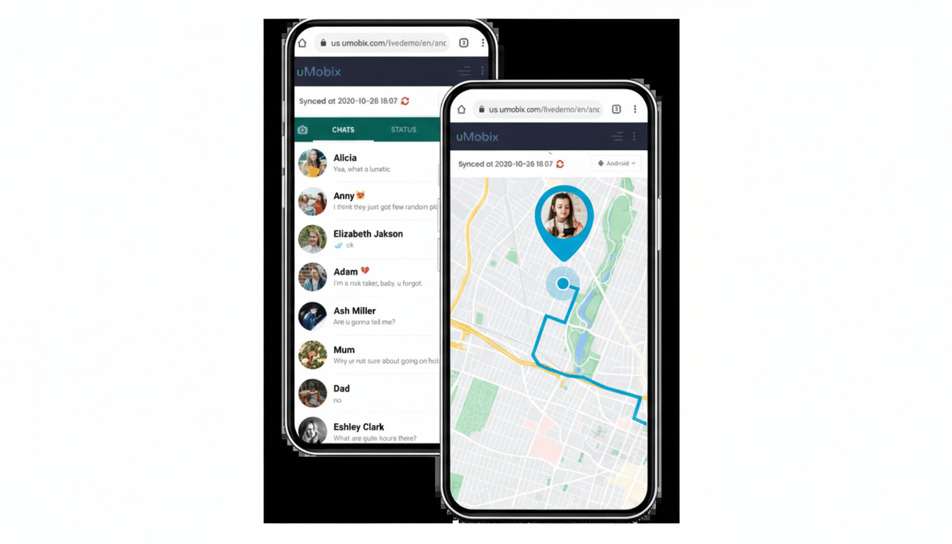 Two smartphones displaying the uMobix app, one showing a chat interface and the other a map with a location tracker, set against a plain white background.