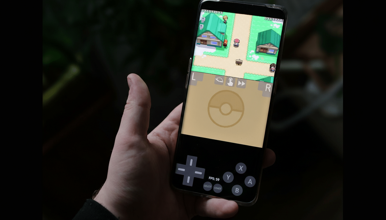 A hand holding a smartphone displaying a Pokémon game, resized to a 16:9 aspect ratio with the original background preserved.