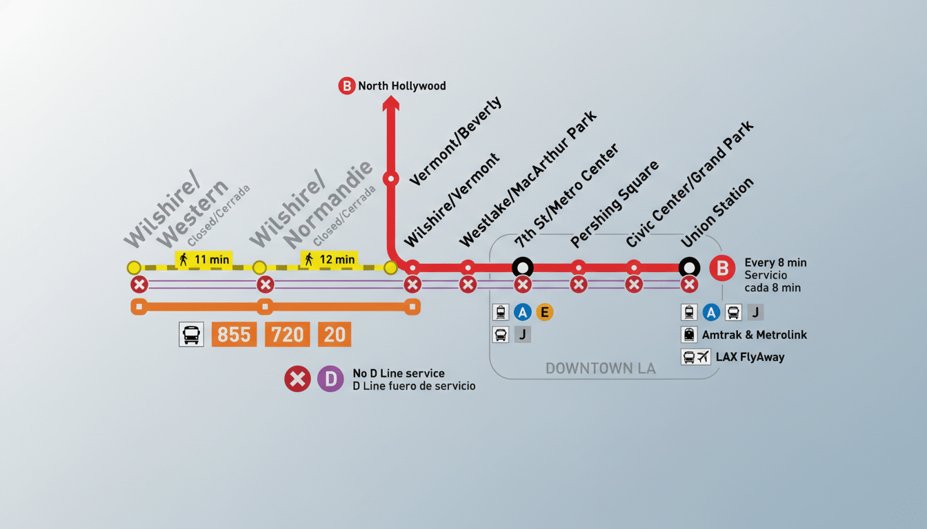 A professional, enhanced image of a metro map with a 16:9 aspect ratio. The map shows various stops and lines, with a focus on the B line from North Hollywood to Union Station. The background has been subtly changed to a professional flat design with a soft gradient, while all original map elements remain unchanged.