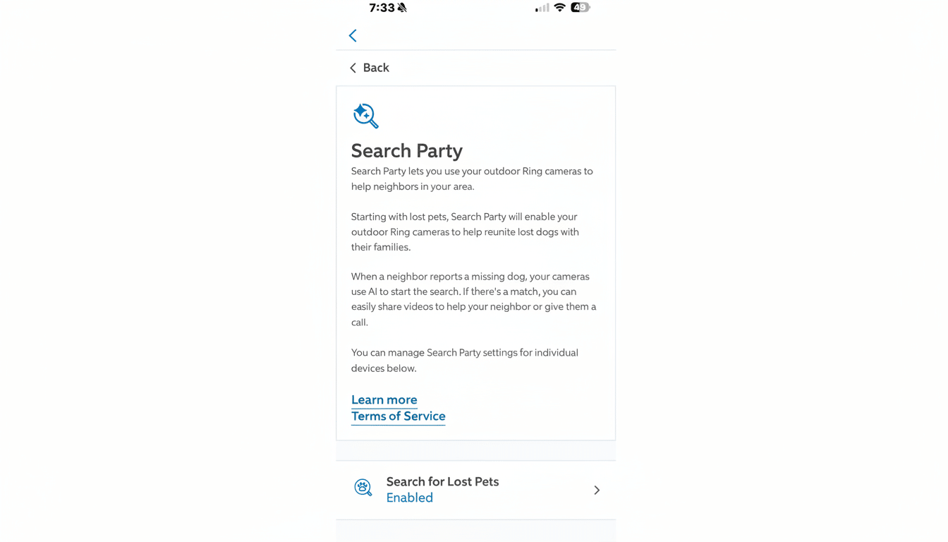 A screenshot of the Search Party feature in an app, explaining how outdoor Ring cameras can help find lost pets. The text describes how the feature uses AI to search for missing dogs and allows users to share videos with neighbors. Below, theres an option to enable Search for Lost Pets.