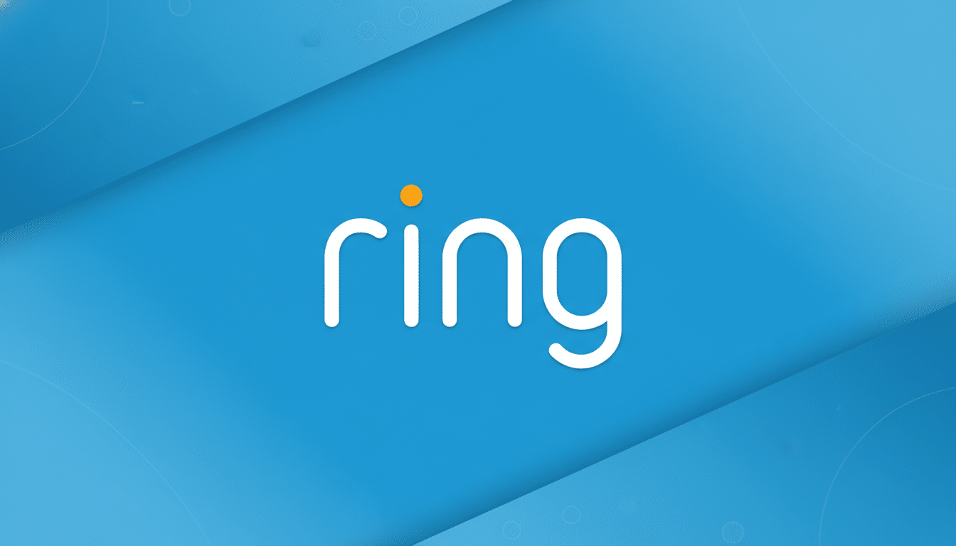 The Ring logo, featuring the word ring in white lowercase letters with an orange dot above the i, set against a professional blue background with subtle diagonal lines and soft circular patterns.