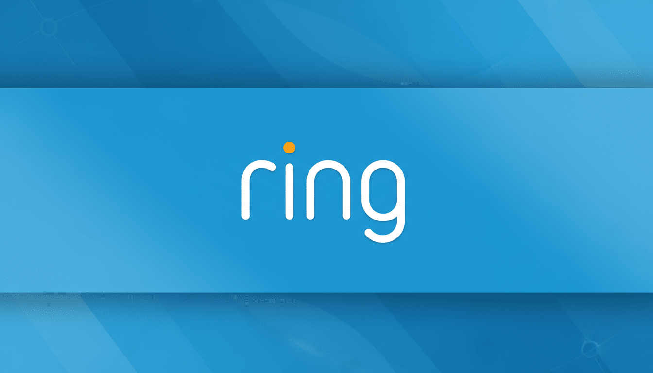 The Ring logo, featuring the word ring in white lowercase letters with an orange dot above the i, centered on a blue background with subtle horizontal bands and faint circular patterns.