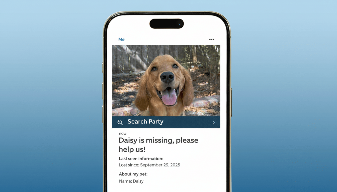 A smartphone displaying a missing pet alert for a golden retriever named Daisy, set against a professional blue gradient background.