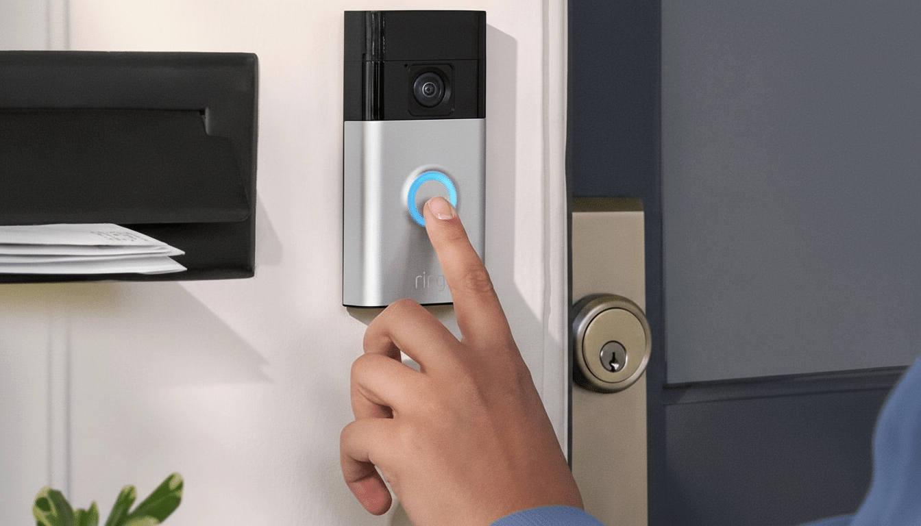 A hand pressing the illuminated button of a Ring doorbell, mounted next to a black mailbox and a door with a handle and lock.