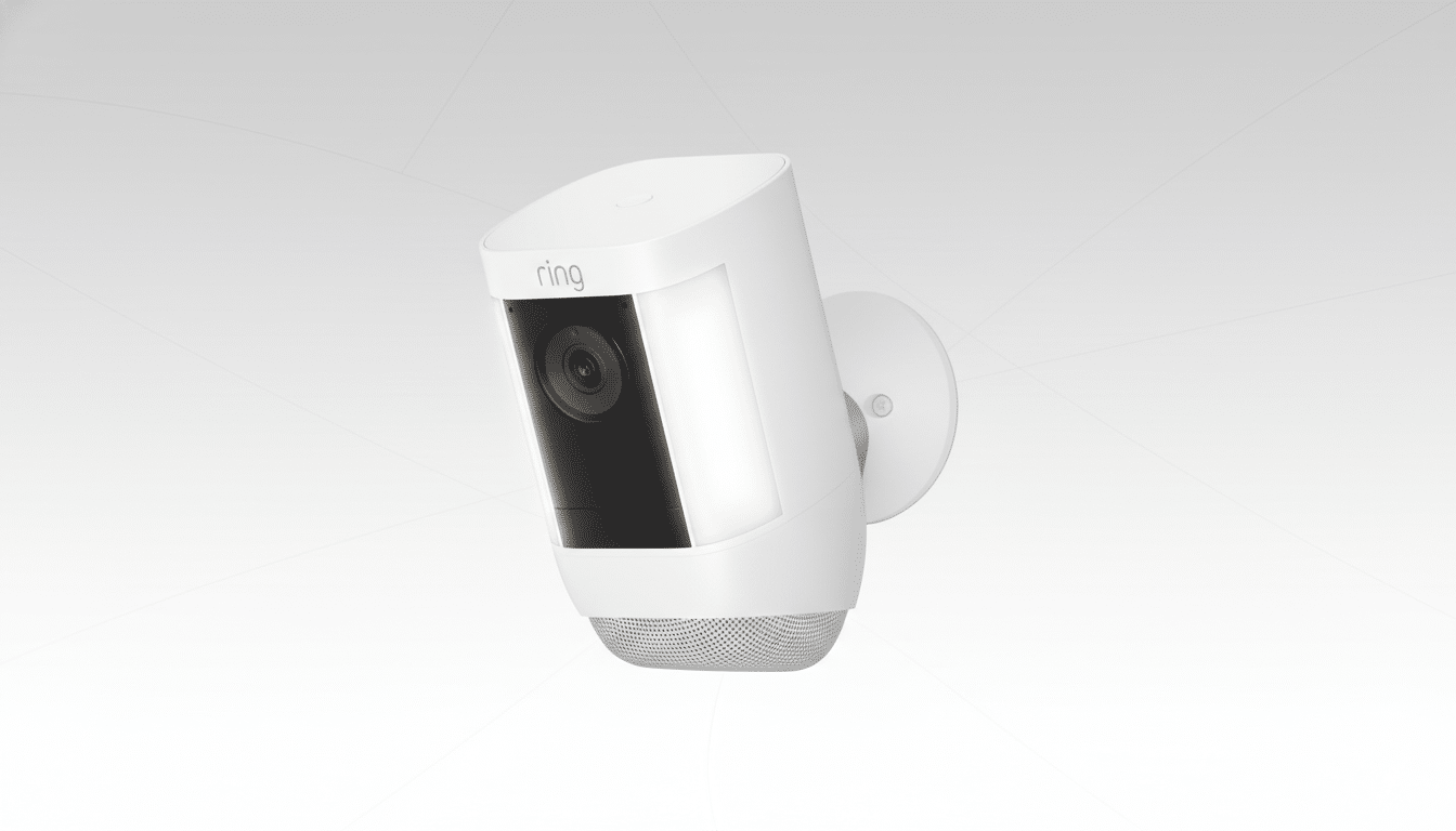 A white Ring security camera with a black lens and an illuminated light panel, mounted on a wall, against a professional flat design background with soft patterns and gradients.